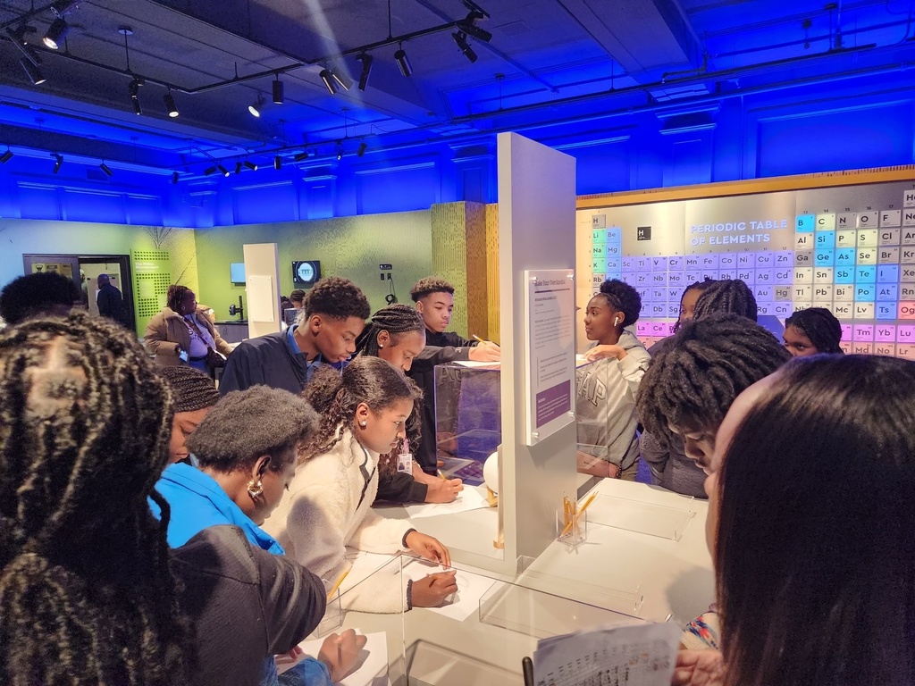 Students look at a display in a museum.