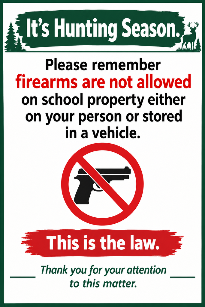 It's Hunting Season. Please remember firearms are not allowed on school property either on your person or stored in a vehicle. This is the law.