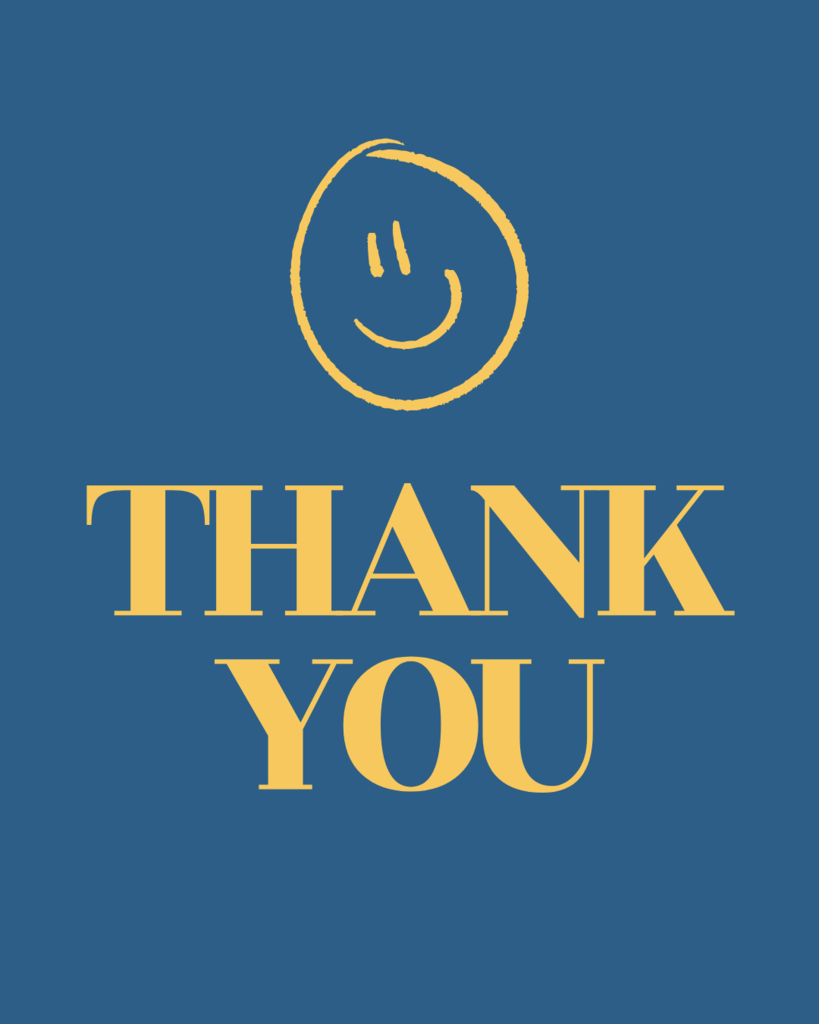 Blue Background with yellow "Thank you" text and a smiley face