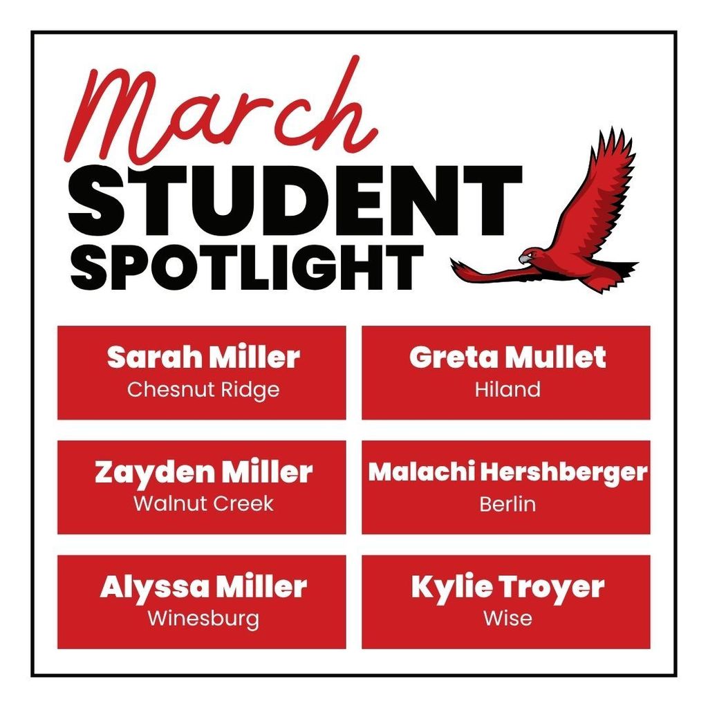 March Student Spotlight - Sarah Miller, Greta Mullet, Zayden Miller, Alyssa Miller, Kylie Troyer, Malachi Hershberger