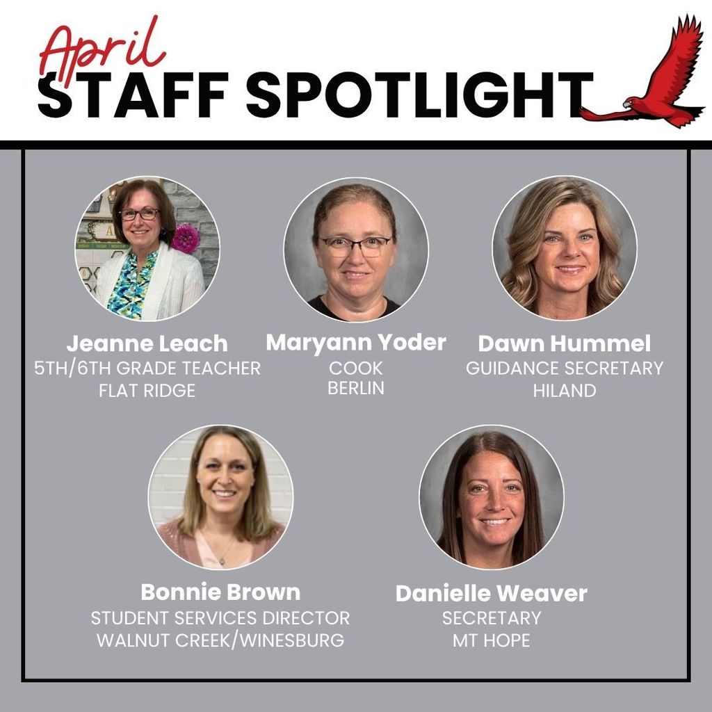 April Staff Spotlight - Headshots of Jeanna Leach, Maryann Yoder, Dawn Hummel, Bonnie Brown, and Danielle Weaver