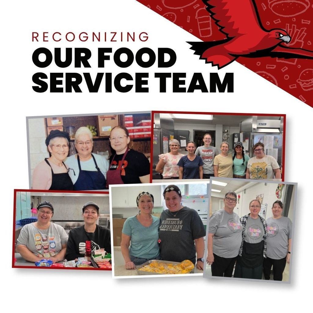 Recognizing our East Holmes Food Service Team. Photo collage of cafeteria staff.