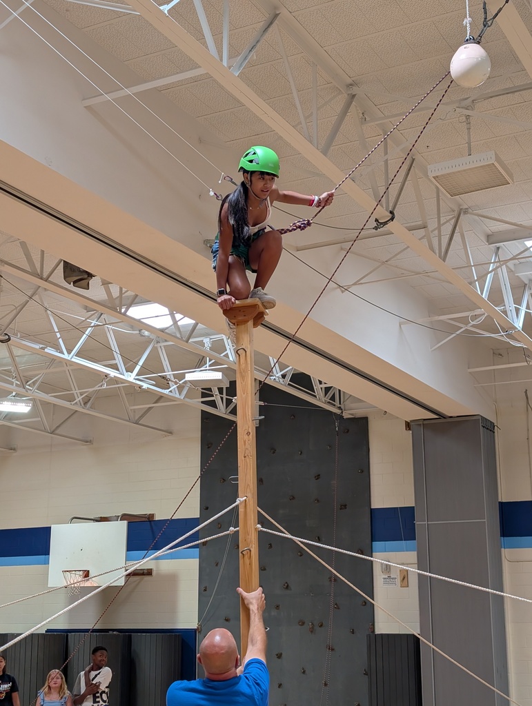 Student stands on pole on adventure course