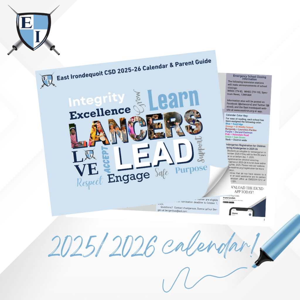 East Irondequoit CSD 2025-2026 Calendar & Parent Guide Integrity grow learn excellance lancers support accept lead purpose engage safe purpose 2025/2026 calendar