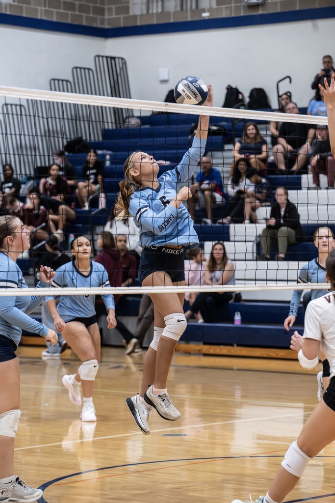 Volleyball player hits the ball over the net