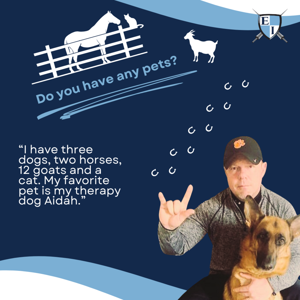Do you have any pets? "I have three dogs, two horses, 12 goats and a cat. My favorite pet is my therapy dog Aidah."