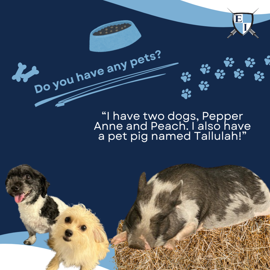 Do you have any pets? "I have two dogs, Pepper Anne and Peach. I also have a pet pig named Tallulah!"