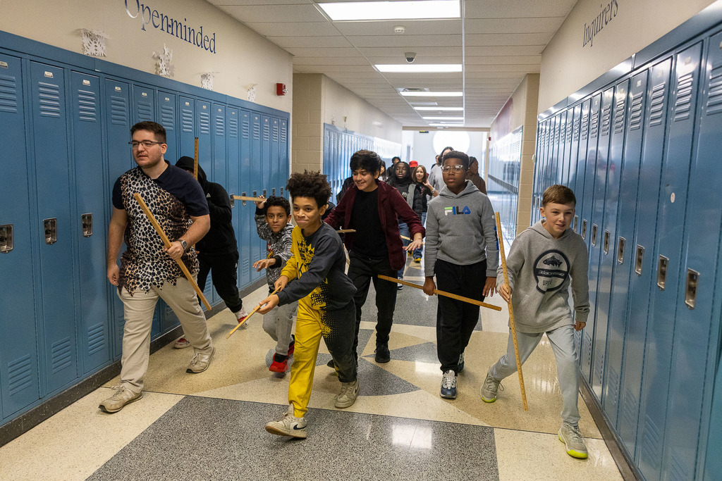 students learning about the stone age