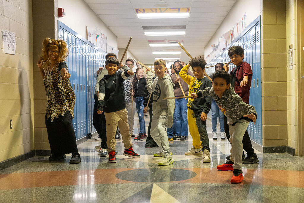 students learning about the stone age