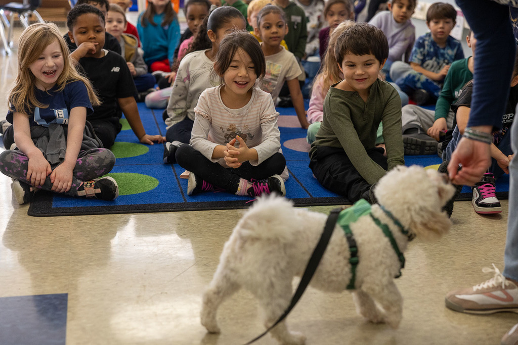 Students with Murphy the therapy dog