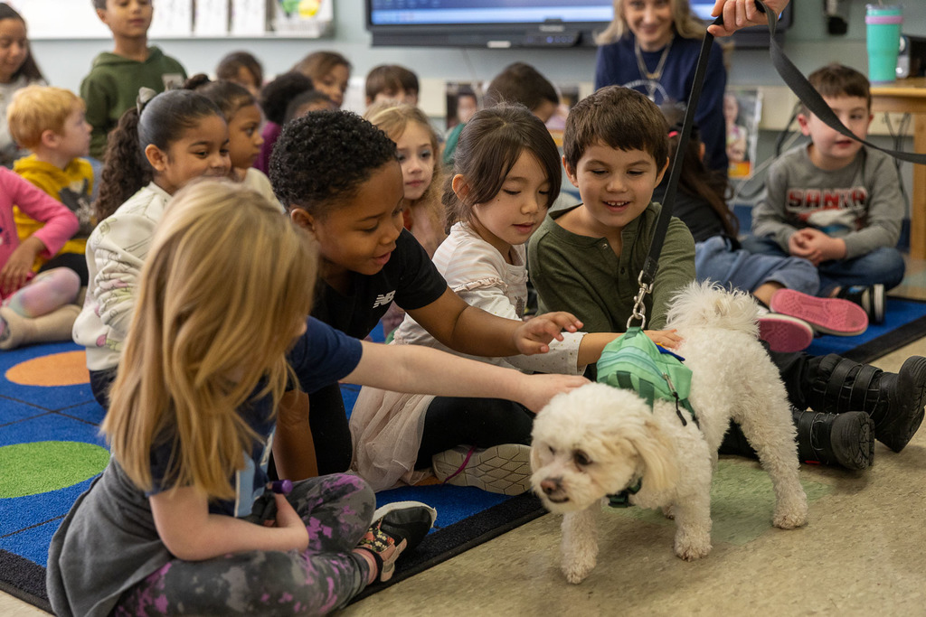 Students with Murphy the therapy dog