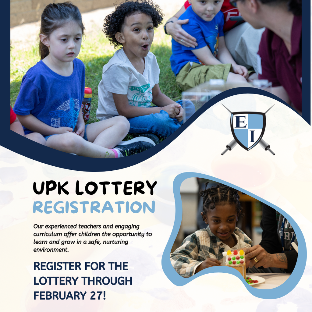 UPK Lottery Registration graphic with text: “Register for the lottery through February 27!” Includes images of children playing and learning, plus the East Irondequoit shield logo.