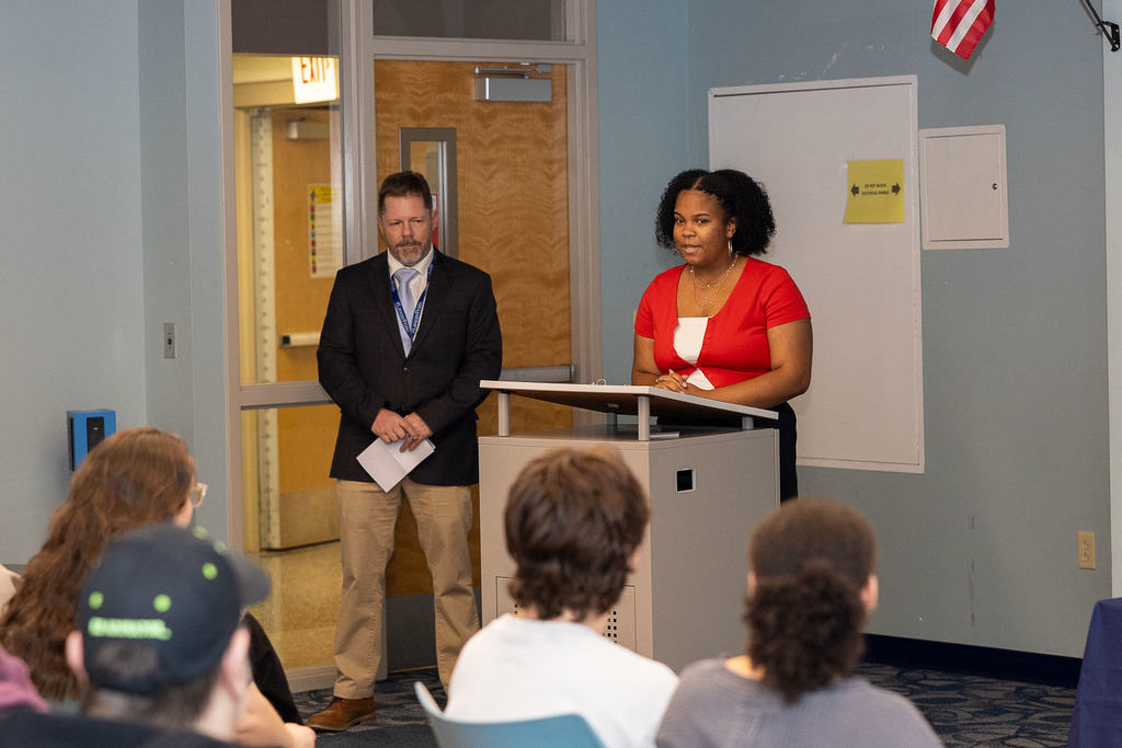 Student speaking at ceremony