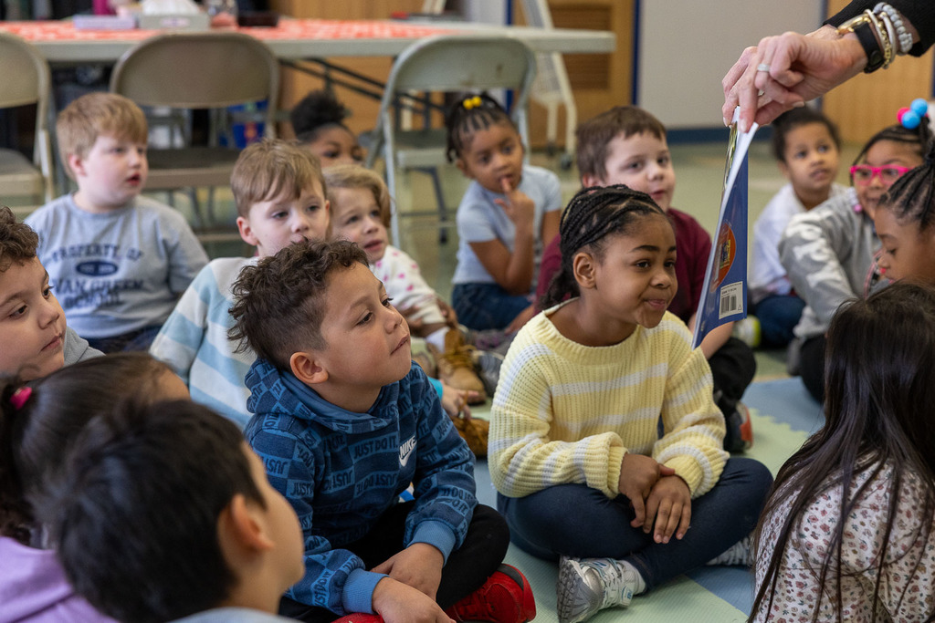 Mrs. Grow talking with kindergarten classes