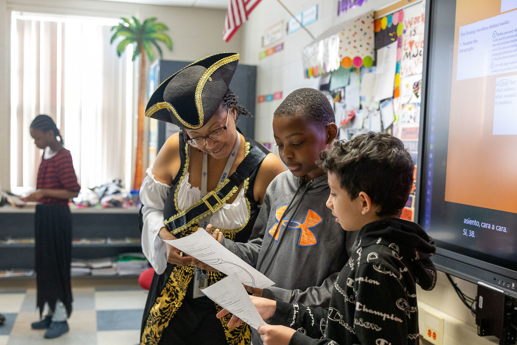 Students dressed as pirated and participating in the classroom lesson