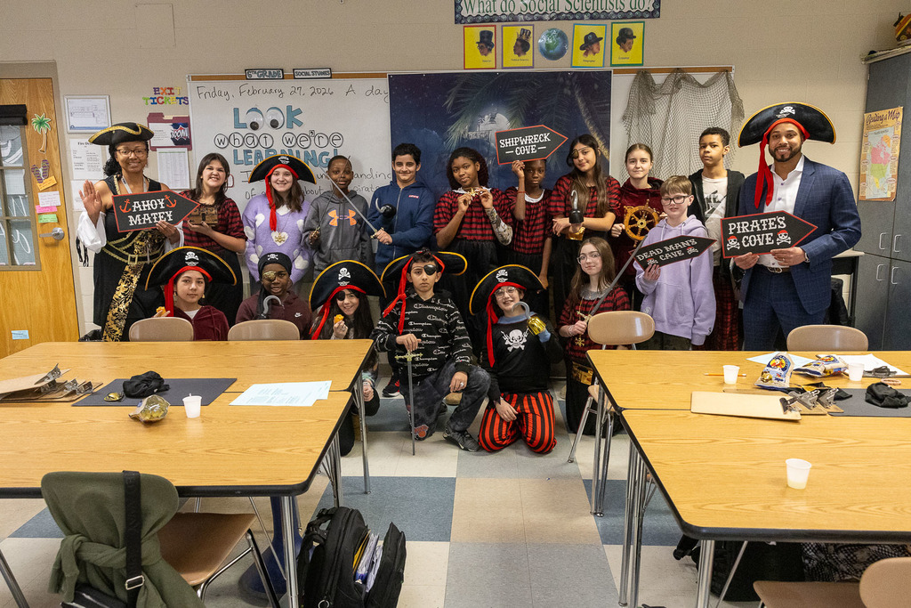 Students dressed as pirated and participating in the classroom lesson