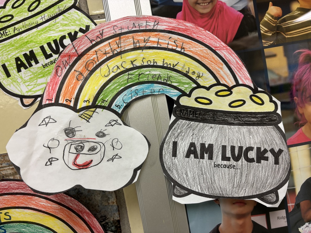 I am lucky because student drawing that lists owl my stuffy, dorthy my fish, jackson my dog, friends, sister