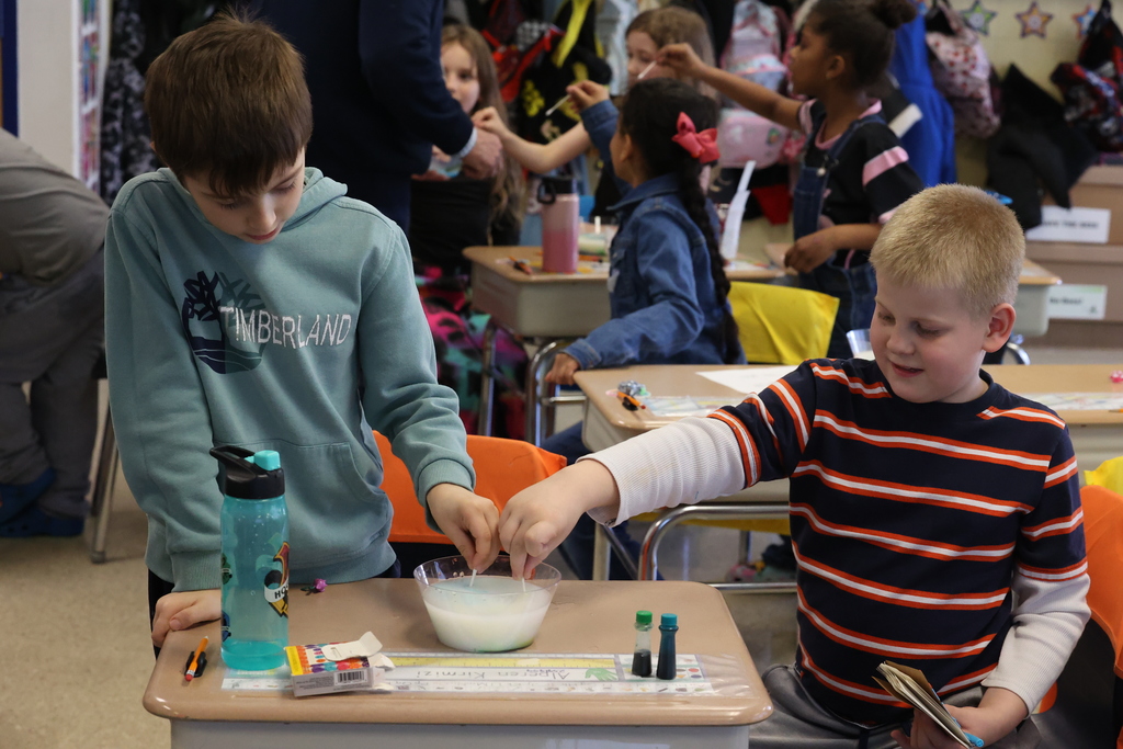 Students stick q tips into bowl of milk, water and food coloring