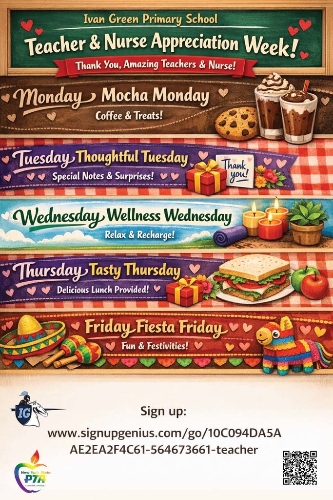 Ivan Green Primary School Teacher & Nurse Appreciation Week! Thank you, amazing teachers & nurse! Monday – Mocha Monday Coffee & Treats! Tuesday – Thoughtful Tuesday Special Notes & Surprises! Wednesday – Wellness Wednesday Relax & Recharge! Thursday – Tasty Thursday Delicious Lunch Provided! Friday – Fiesta Friday Fun & Festivities! Sign up: www.signupgenius.com/go/10C094DA5A2E2A2F4C61-564673661-teacher