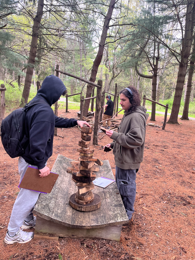 students work on math at letchworth and look at wood pile