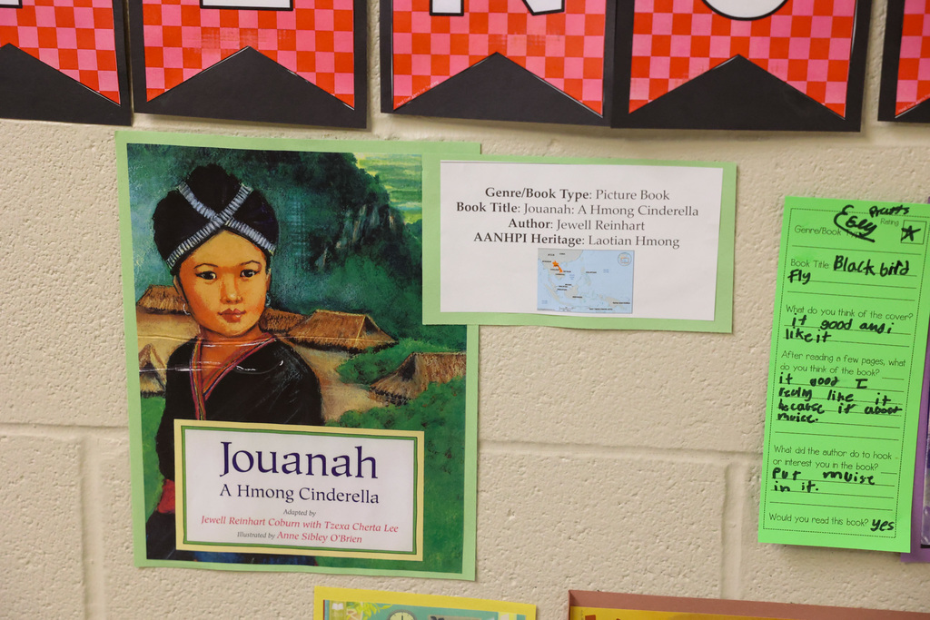 Students place book covers and book tastings on the wall display
