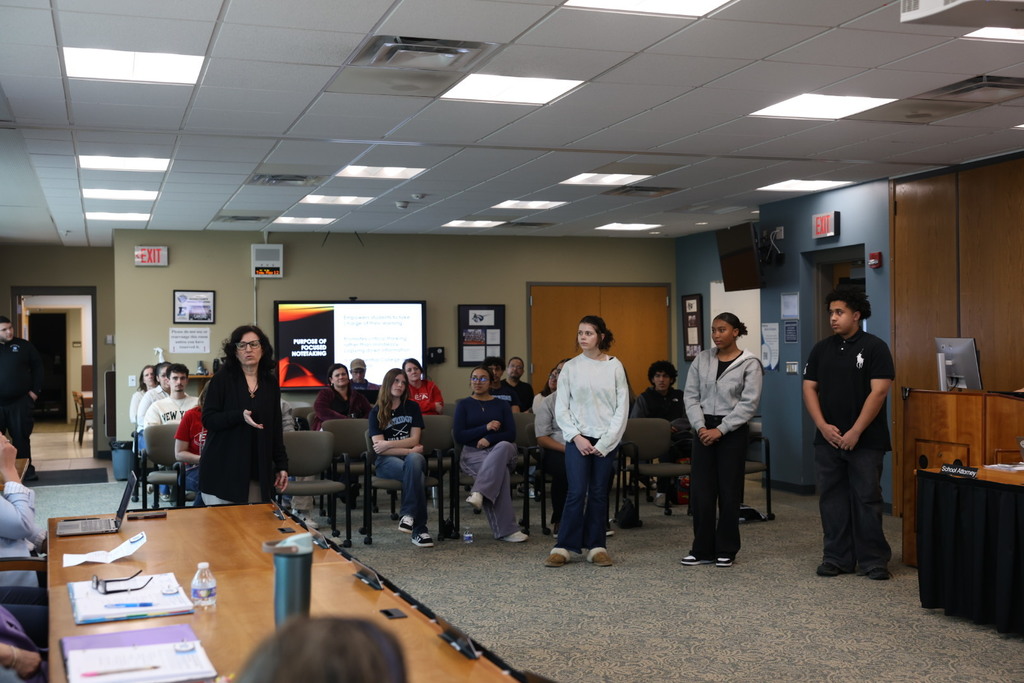 AVID students and teachers presenting at the Board of Education meeting