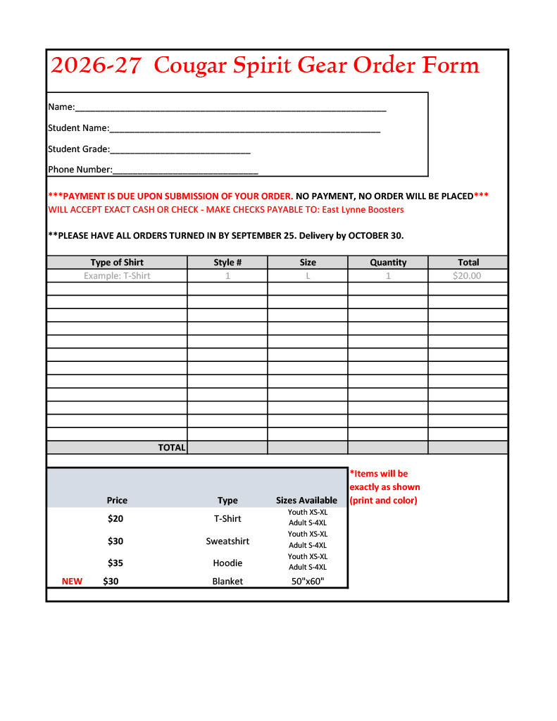 Cougar Spirit Wear Signup Sheet