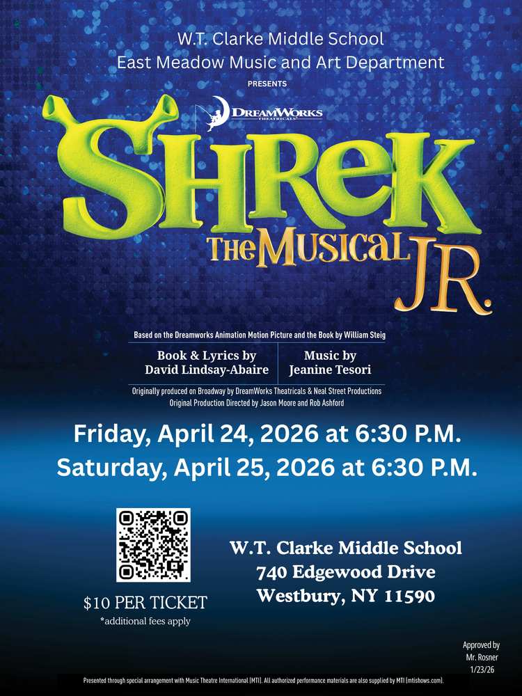 W.T. Clarke Middle School is proud to present “Shrek the Musical Jr.” on April 24 and April 25 at 6:30 p.m. 