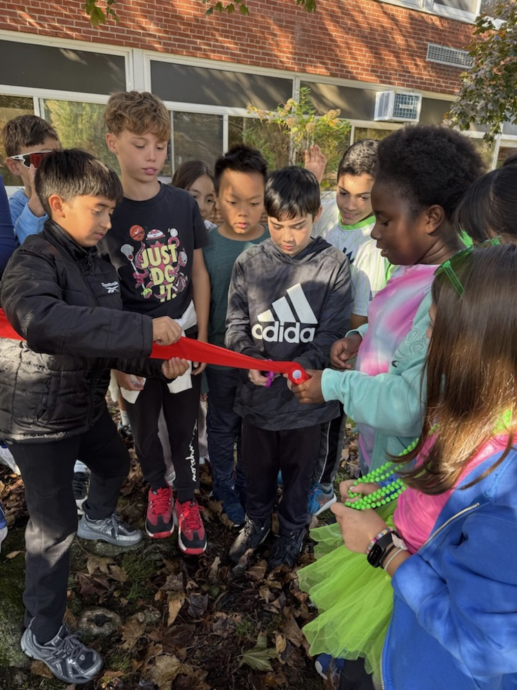 Cutting ribbons to tie on our school fence