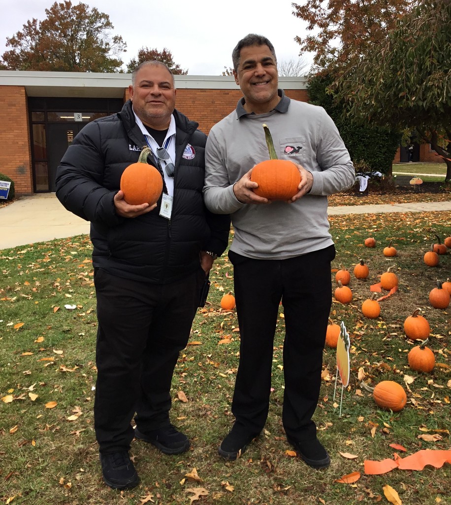 McVey students picking pumpkins in front of the school.