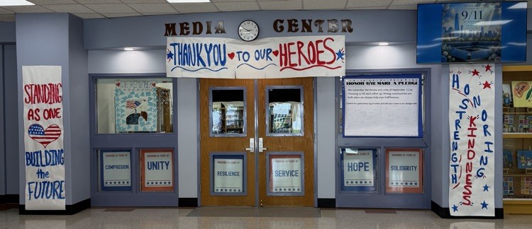 media center decorated in honor of 9/11