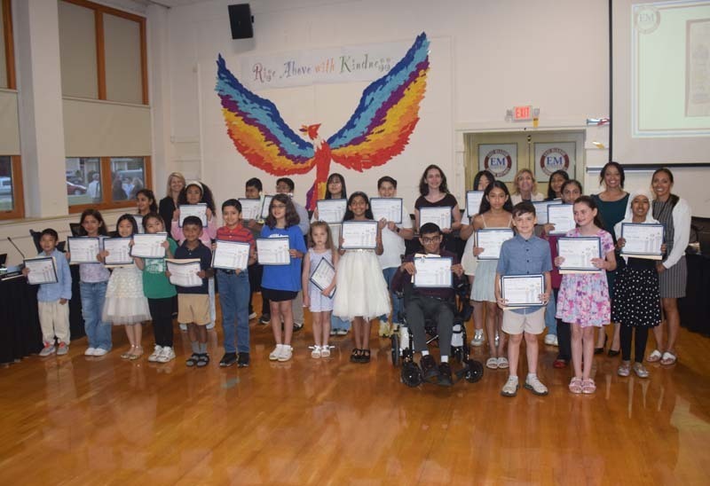 Woodland Middle School student Yuvraj Bhalla, center, and East Meadow High School student Giovanna Merrow were both recognized for their exceptional creativity