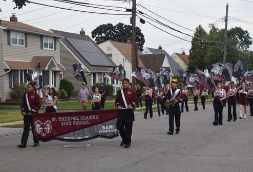 The Rams marching band and flag corps paraded down Washington Avenue. 
