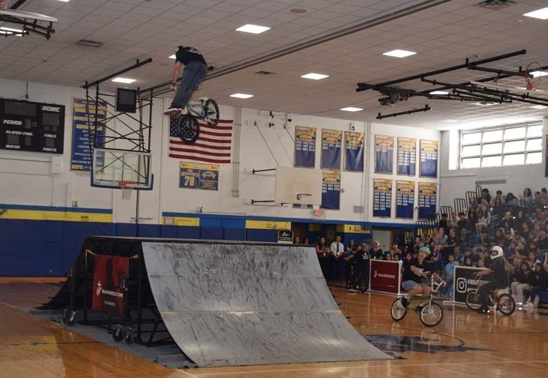 Professional X-Games BMX athletes performed a variety of tricks during East Meadow School’s No Hate Tour assemblies. 