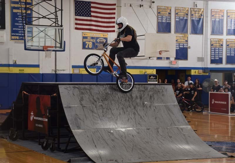 Professional X-Games BMX athletes performed a variety of tricks during East Meadow School’s No Hate Tour assemblies. 