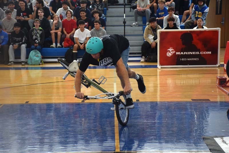 Professional X-Games BMX athletes performed a variety of tricks during East Meadow School’s No Hate Tour assemblies. 