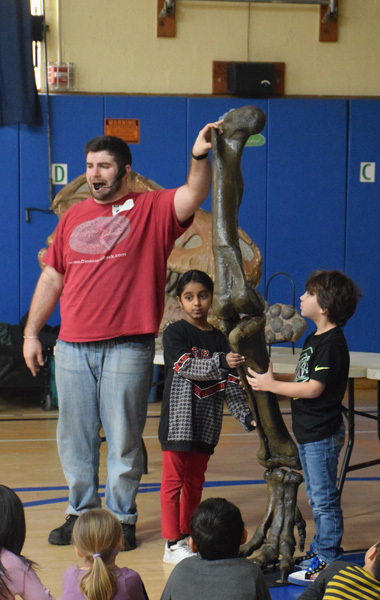 Fossils and dinosaur replicas are displayed on a table, with a projection screen showing related images in the background, suggesting an educational setting focused on paleontology.