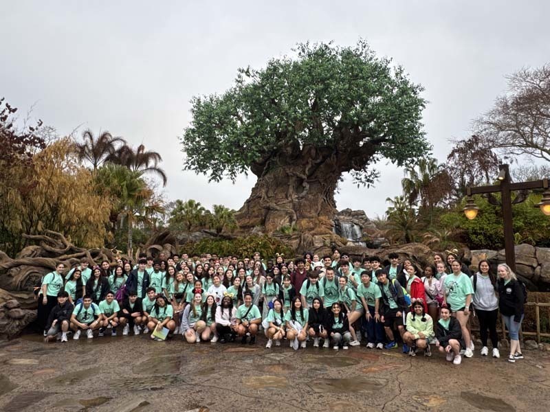 Students standing in front of tree.