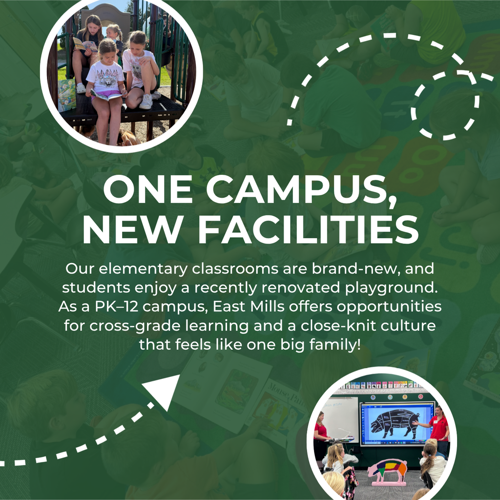 One Campus, New Facilities - Our elementary classrooms are brand-new, and students enjoy a recently renovated playground. As a PK-12 campus, East Mills offers opportunities for cross-grade learning and a close-knit culture that feels like one big family!