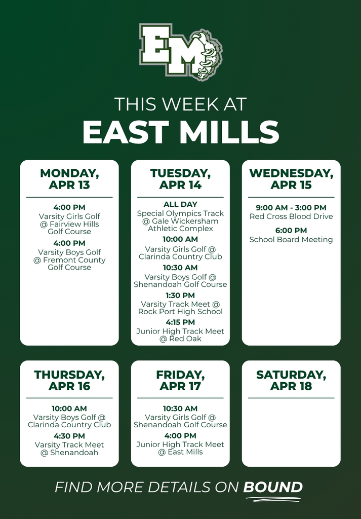 Graphic that shows upcoming events at East Mills for the week