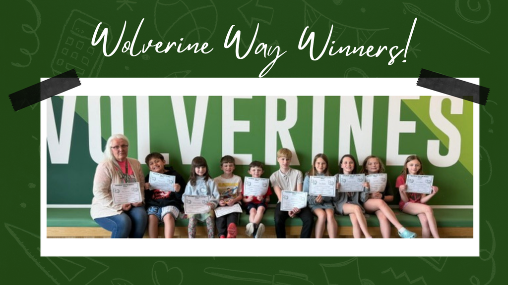 A group of children and an adult sitting on a bench in front of a green wall with the word WOLVERINES in large white letters, each holding a certificate.