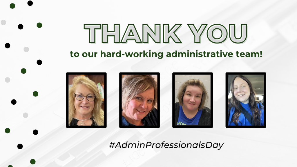 Graphic with the text, "Thank you to our hard-working administrative team!" as well as individual photos of each of East Mills admin team