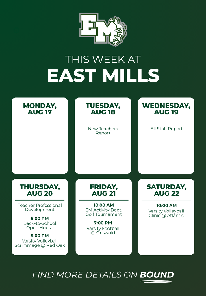 August 17th Weekly Events at East Mills