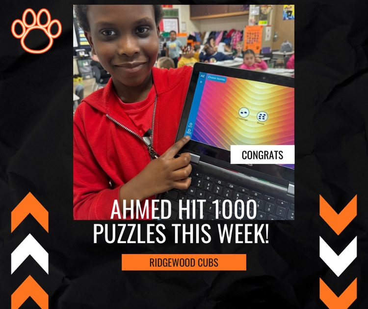 Ahmed from Mr. Lack’s class hit 1000 puzzles this week in ST Math! Way to go!! 