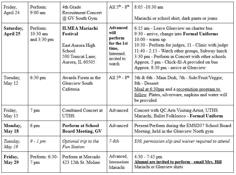 Mariachi Band schedule