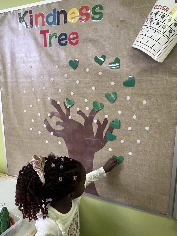 Student placing a leaf on kindness tree