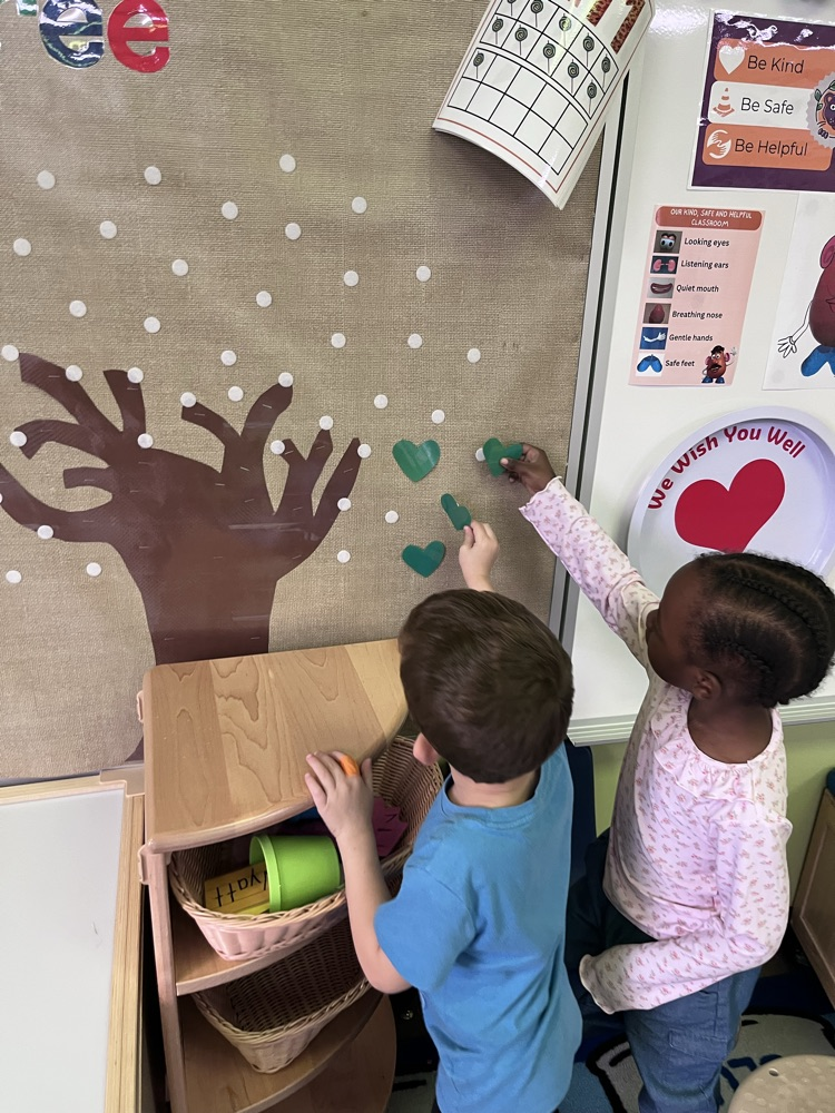 Student placing a leaf on kindness tree