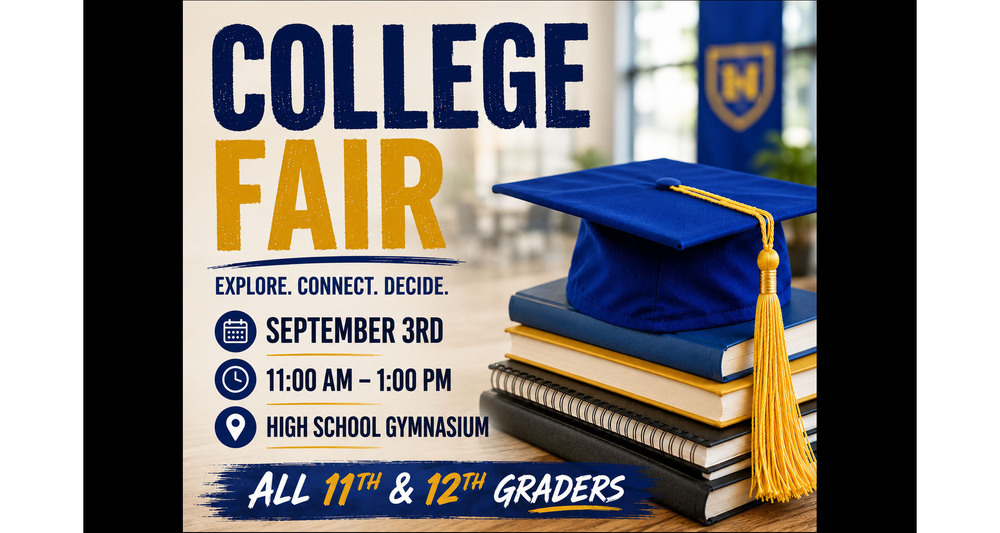 College Fair Sept. 3rd 11-1 in the high school gymnasium open to all 11th and 12th graders