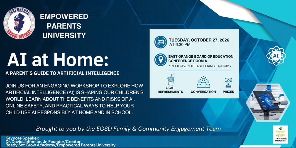Empowered Parents University: Ai at home workshop October 27 at 6:30 pm at board of education