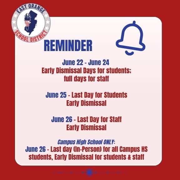 Last week of school schedule with early dismissal for students